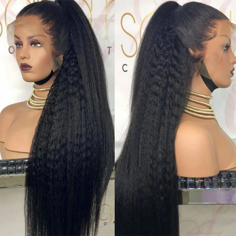 

Kinky Straight 180% Density Black Color Yaki Lace Front Wig For Black Women Lace Frontal Wig Synthetic Wigs Daily Wig
