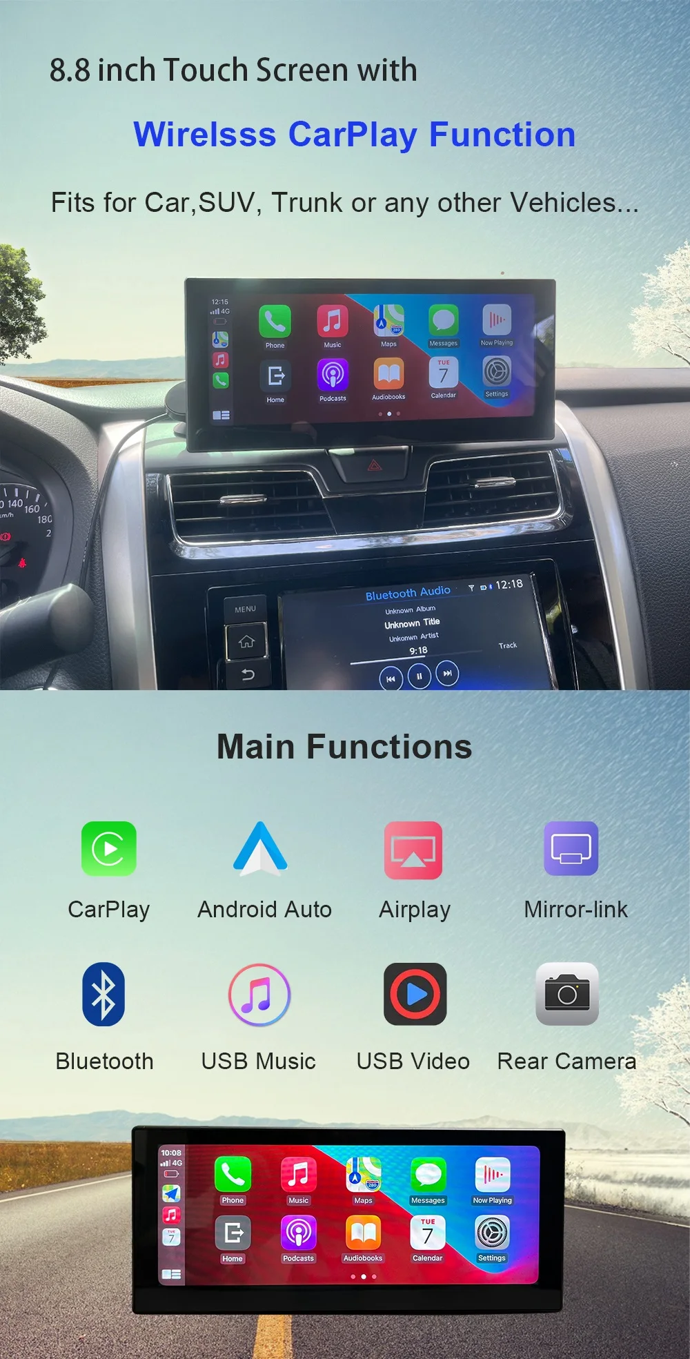 8.8 Inch Universal Wireless Carplay Display For Nissan Honda Toyota with Android Auto Mirror Link Bluetooth USB Play Rear Camera car video player bluetooth