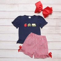 summer clothes outfit for girls black apple truck floral short sleeve red lattice bow sports shorts kids baby outfits for 1 8t