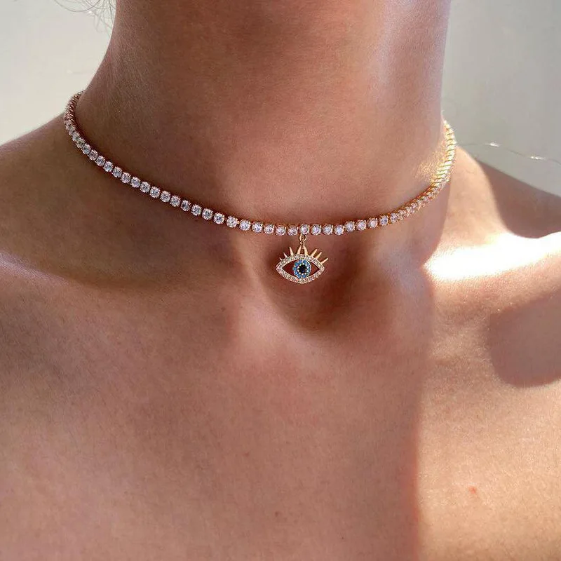 

Vintage Evil Eye Necklace for Women Gold Color Rhinestone Necklaces Trendy Pendant Link Chain Female Accessories Jewelry Gifts