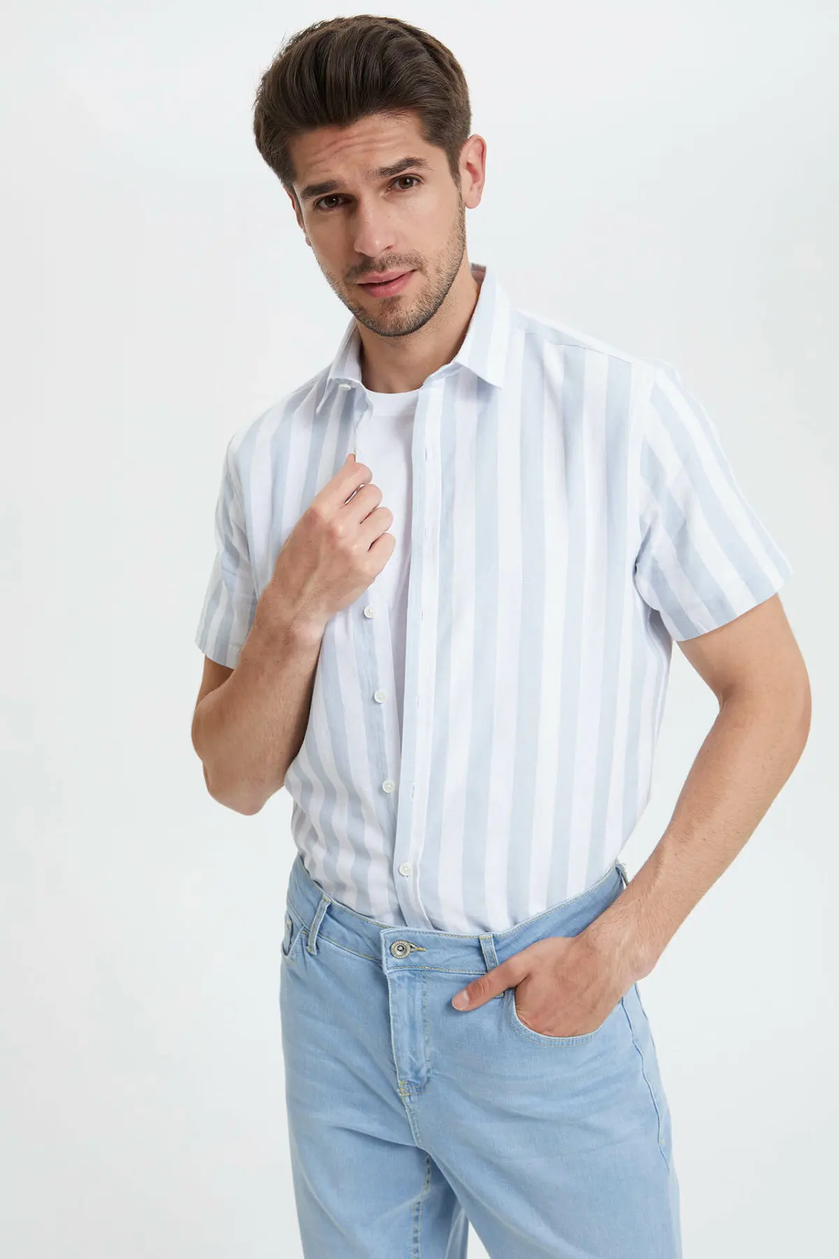 Мужская хлопковая рубашка DeFacto Простой повседневный светильник в полоску с