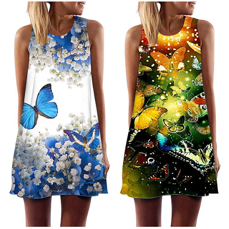 

New Summer Dress Loose Sleeveless Butterfly Print A-Line Mini Skirt Casual O-neck Beach Sundress Party Dresses Women