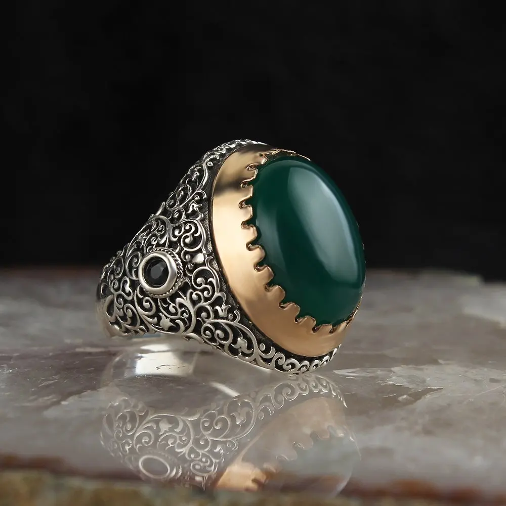 

Турецкое серебряное Ювелирное Украшение ручной работы, мужское кольцо с зеленым агатом, подарок для Него