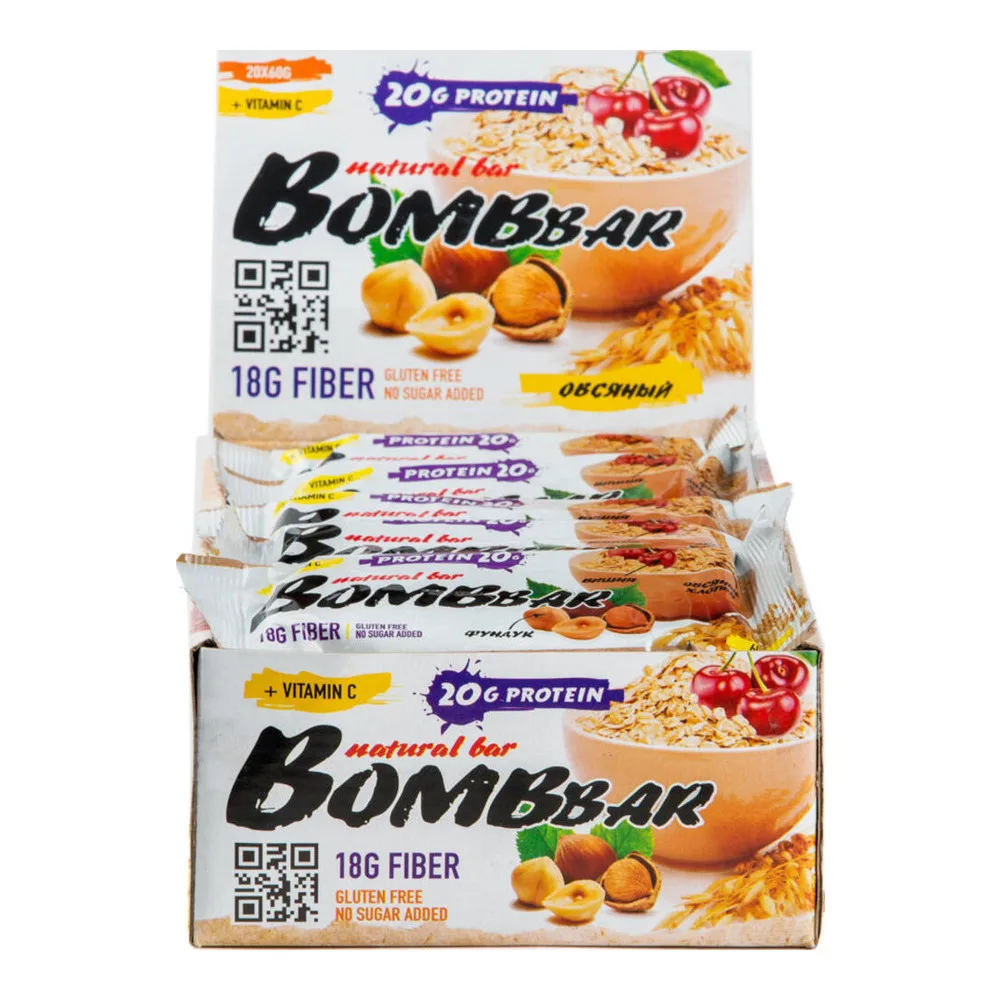 Bombbar протеиновый батончик Natural Bar + Vitamin C (60 г)(20 шт.) Овсяный|Спортивное питание| |