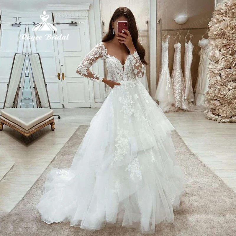 

Roycebridal Plus Size Wedding Dresses Lace Long Sleeves Tiered Bridal Gowns Princess Custom Made Wedding Gown vestido de noiva