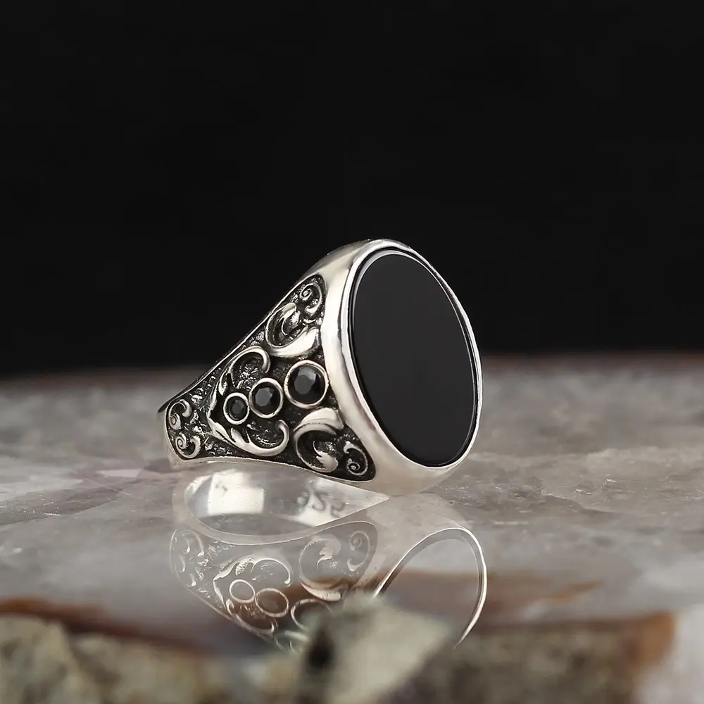 

925 Sterling Silver Ring for Men Onyx Natural Stone Vintage Gift Mens Rings All Size Women Turkish Fashion Jewelry