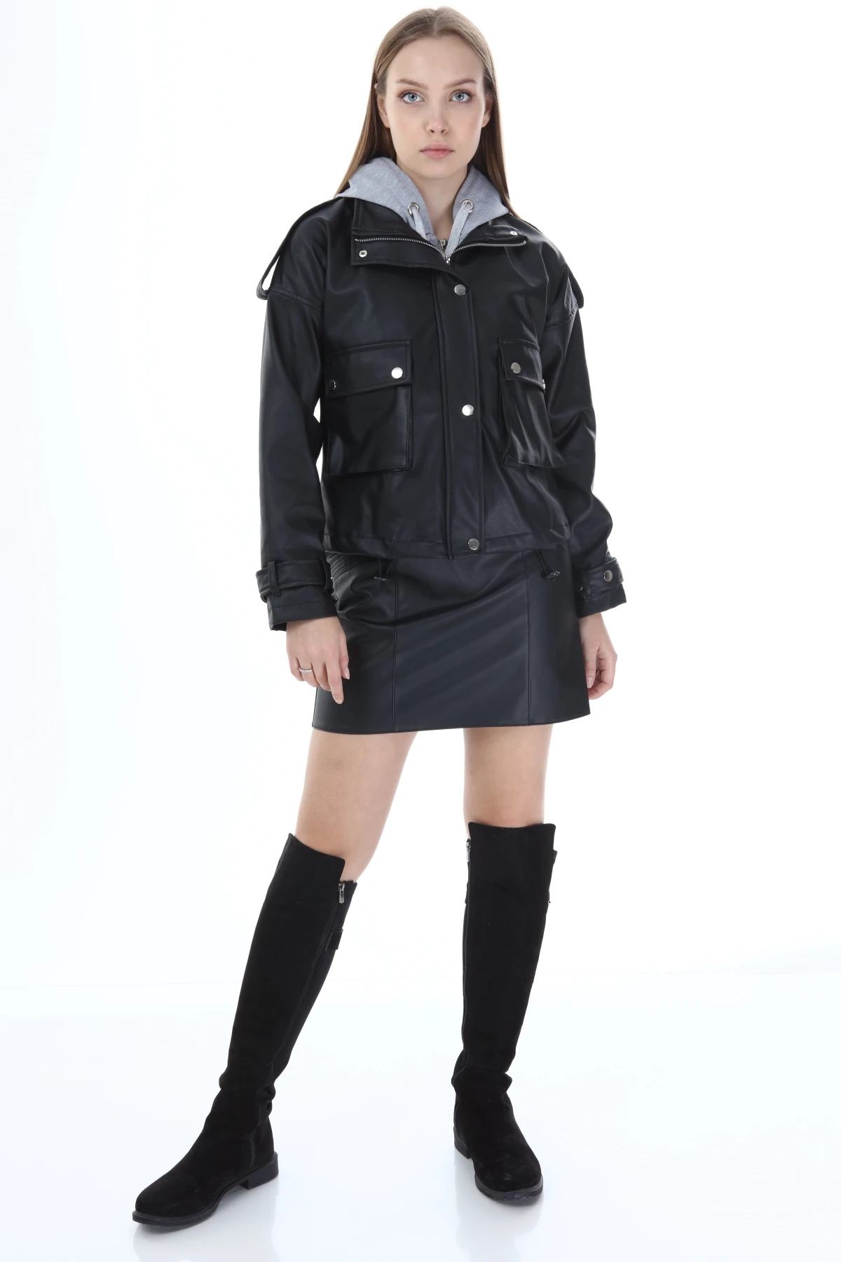 MANGA Woman Leather Black Jacket with Gray Hoodie Sweatshirt