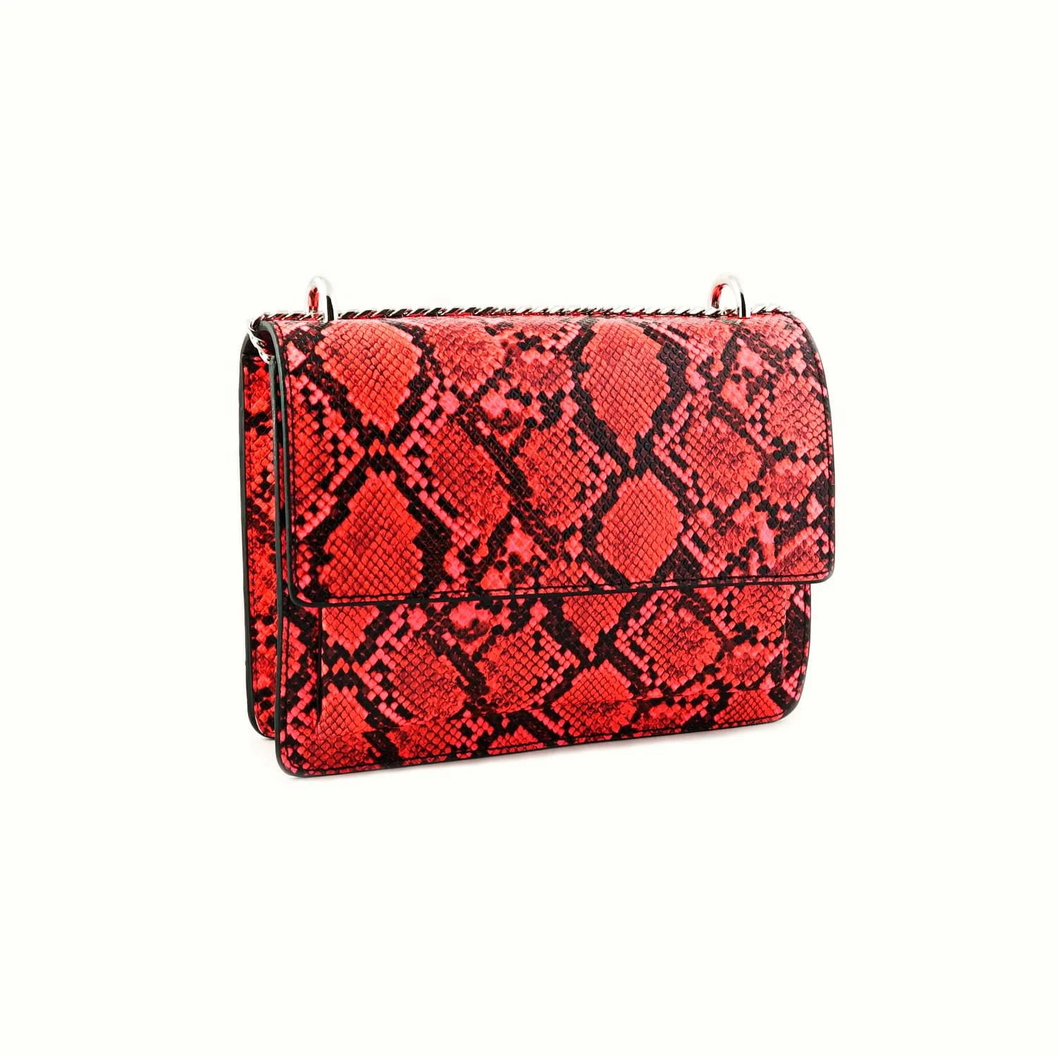 

ECRİN BAG Red Python Pattern Hand Shoulder Long Gold Plated Chain Handle Tote Bag