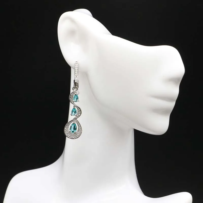 Длинные серьги SheCrown из розового турмалина с аквамарином и белым фианитом для