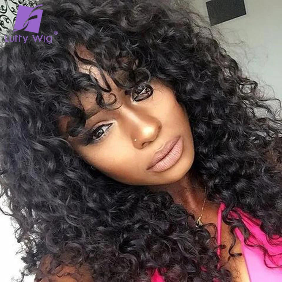 Cheap Loose Curly Human Hair Wigs With Bangs Glueless Remy Brazilian Scalp Top Full Machine Made Wigs Natural Color For Women