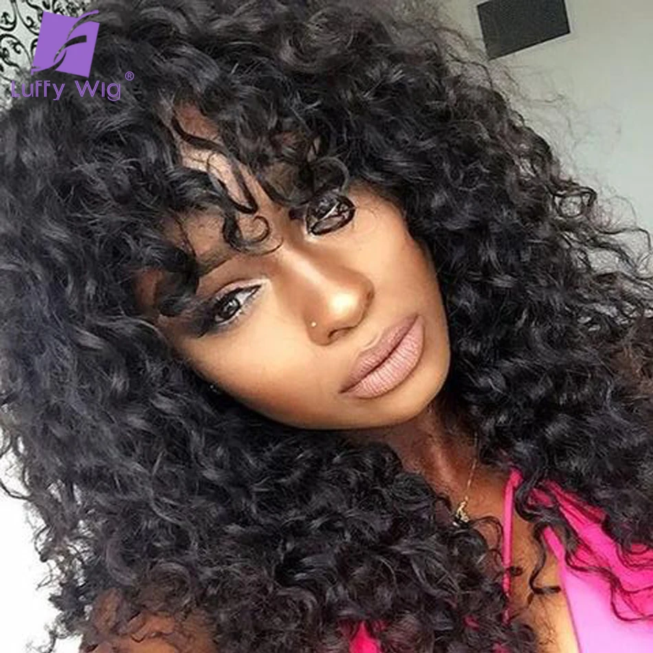 

Cheap Loose Curly Human Hair Wigs With Bangs Glueless Remy Brazilian Scalp Top Full Machine Made Wigs Natural Color For Women