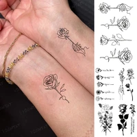 translation tattoo rose flower line plant hand black sketch waterproof temporary kid tatto sticker woman man body art fake tatoo