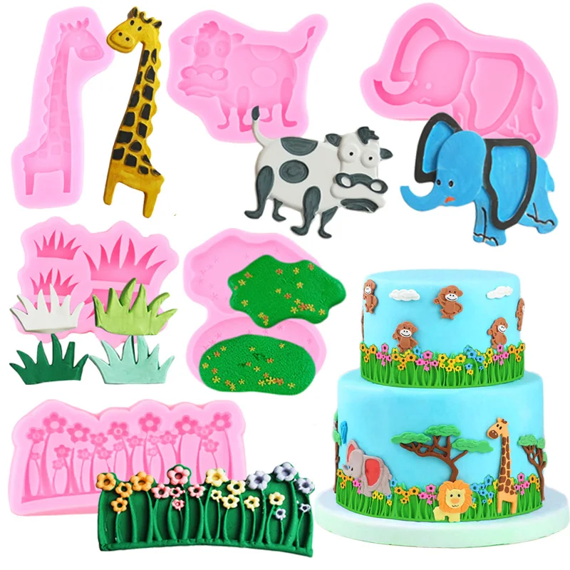 Силиконовая форма в стиле джунглей сафари животные трава лужайка цветок
