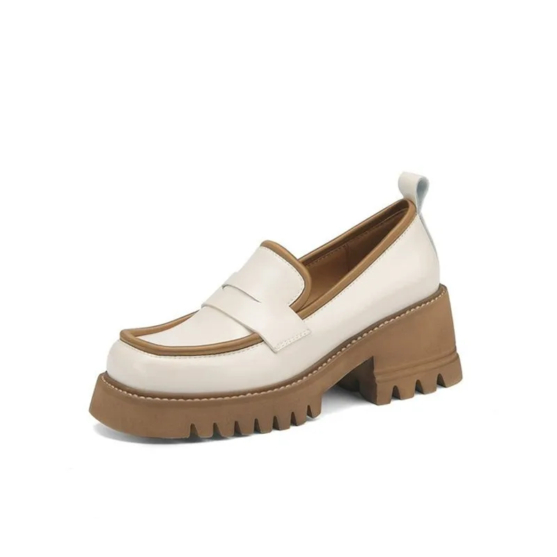 

Xuanmeilun Luxury Woman's Flats Round Toe Thick Bottom White Genuine Leather Platform Slip On 6cm High Heels Casual Shoes Lady