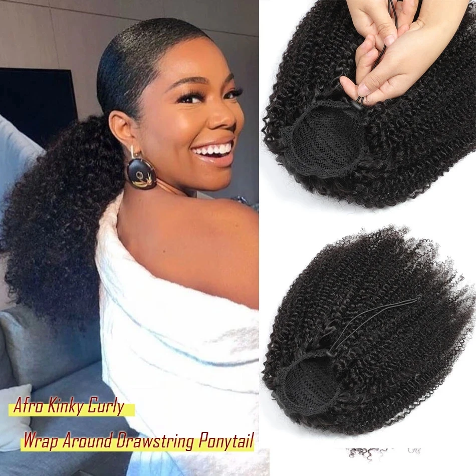 

Afro Kinky Bouncy Curly Wrap Around Drawstring Clip in Ponytail Human Hair Extension Postiche Cheveux Naturel Humain