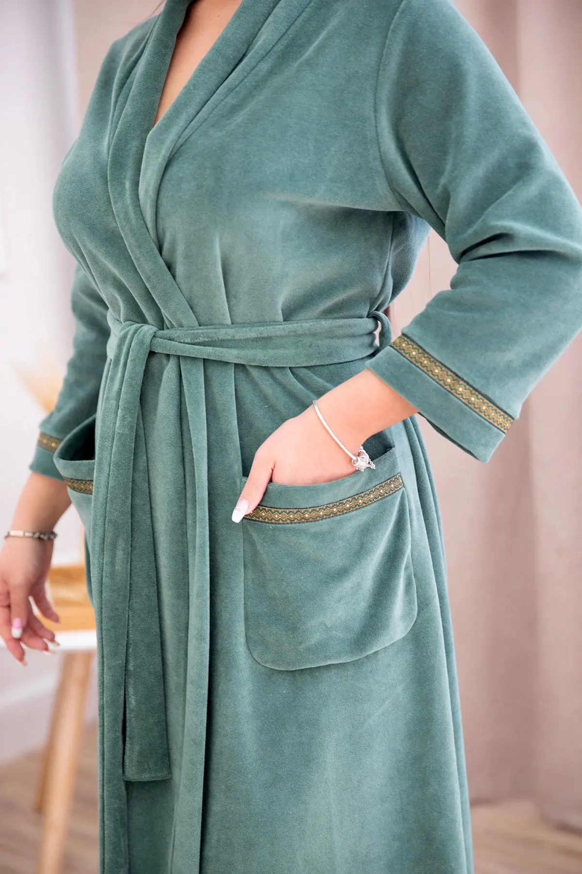 Женский велюровый запашной халат приятный к телу с карманами широким поясом  без капюшона | AliExpress