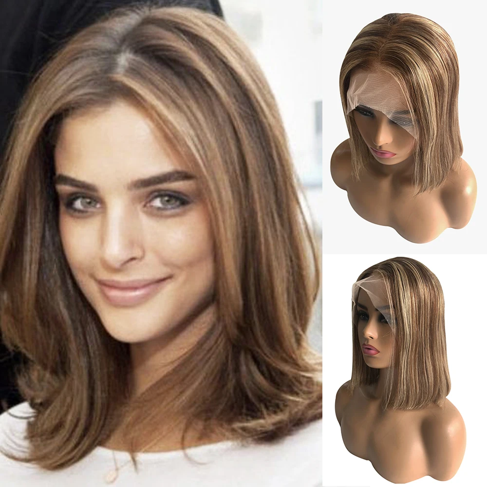 Brown Highlights T Part Short Bob Wig Straight Ombre Brown Glueless 13x4x1 Pre Plucked Lace Front Human Hair Wigs With Baby Hair