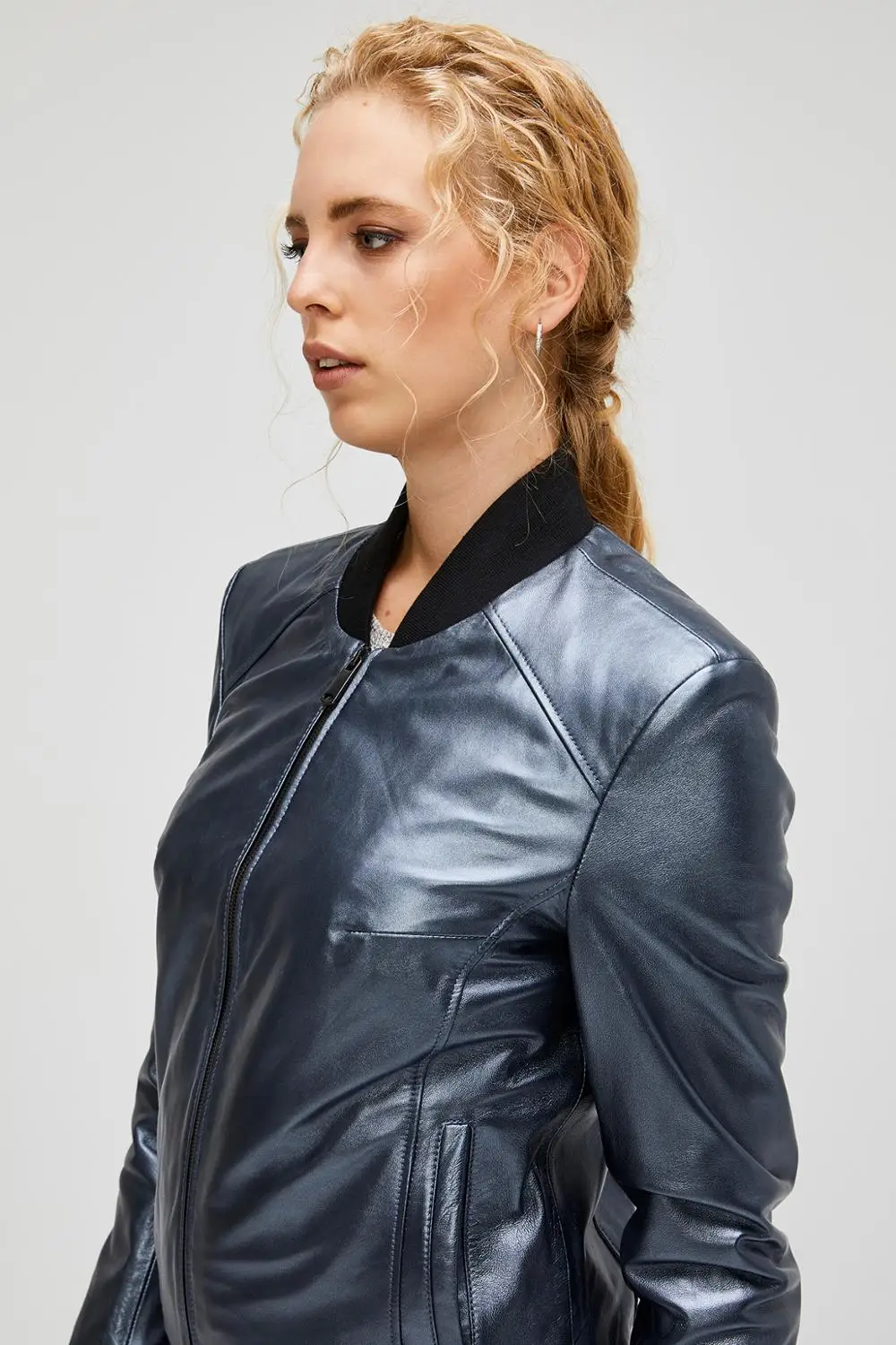Spring Cool Fashion Silver Genuine Leather Jacket Female Bomber Biker Coat Stand Collar Lambskin Women's Jackets Streetwear