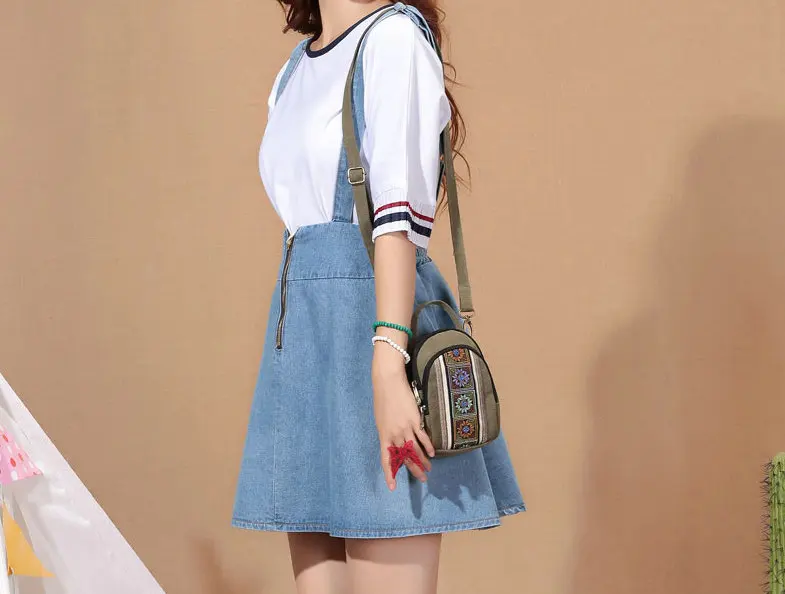 

Three-layer embroidered backpack ladies messenger bag handbag embroidered coin purse retro mini canvas bag
