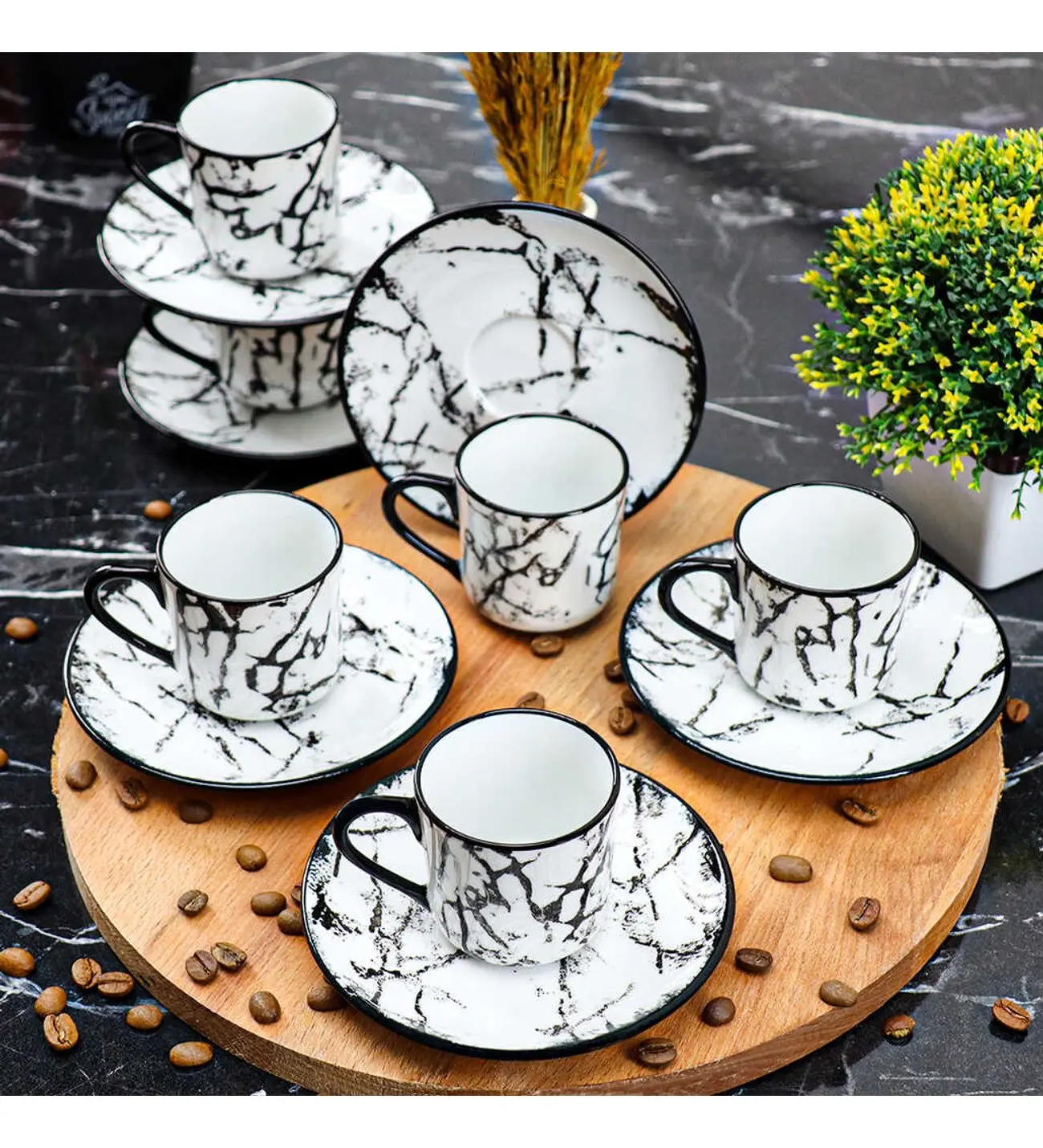 

Porcelain 6 Person Coffee Cup Set Marble Pattern 12 Piece Turkish Coffee and Espresso Set Turkish Production