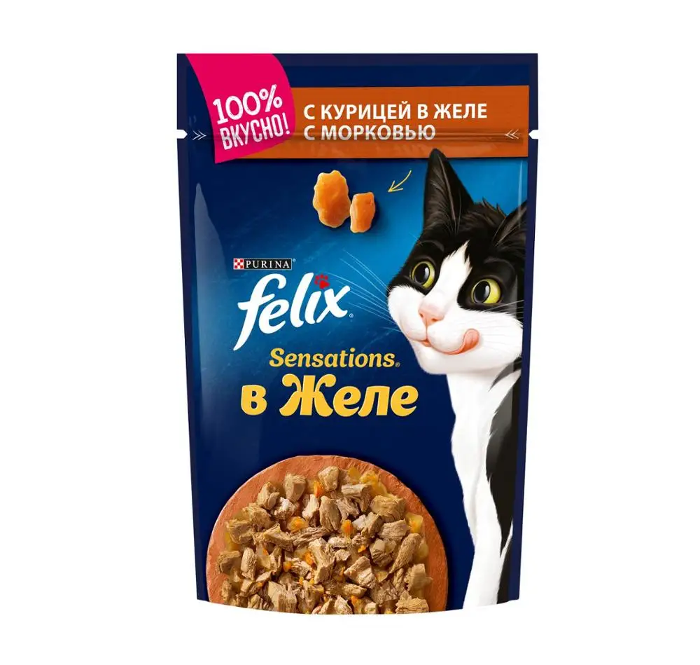 Корм влажный Felix Sensations в желе с курицей и морковью для кошек 85 г 24шт упаковке | Дом