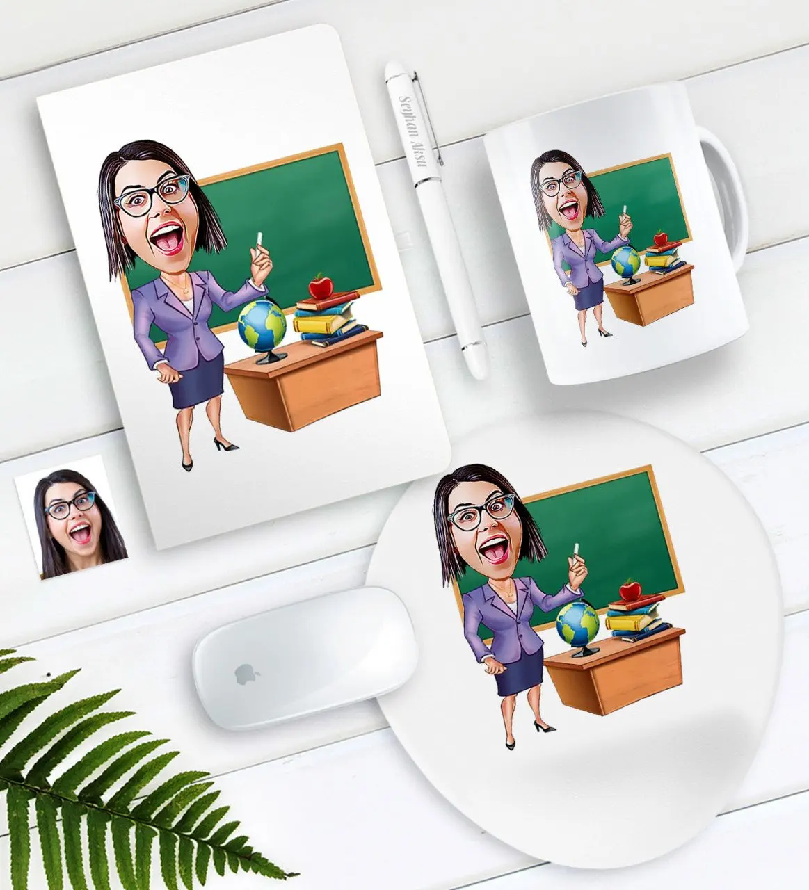 

Personalized Women 'S Teacher Caricature Of Notebook Pen Mug Mouse Pad set