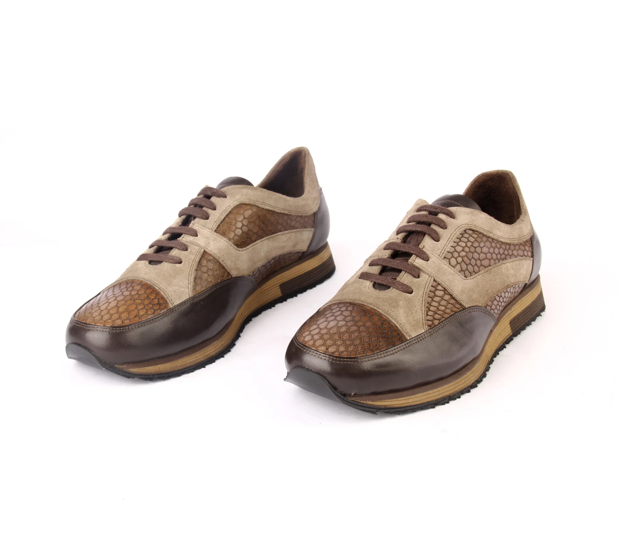 

Handmade Sport Sneakers, Brown & Tobacco Patterned Calf Leather & Suede, Lightweight EVA Sole, Men's Casual Daily Footwear