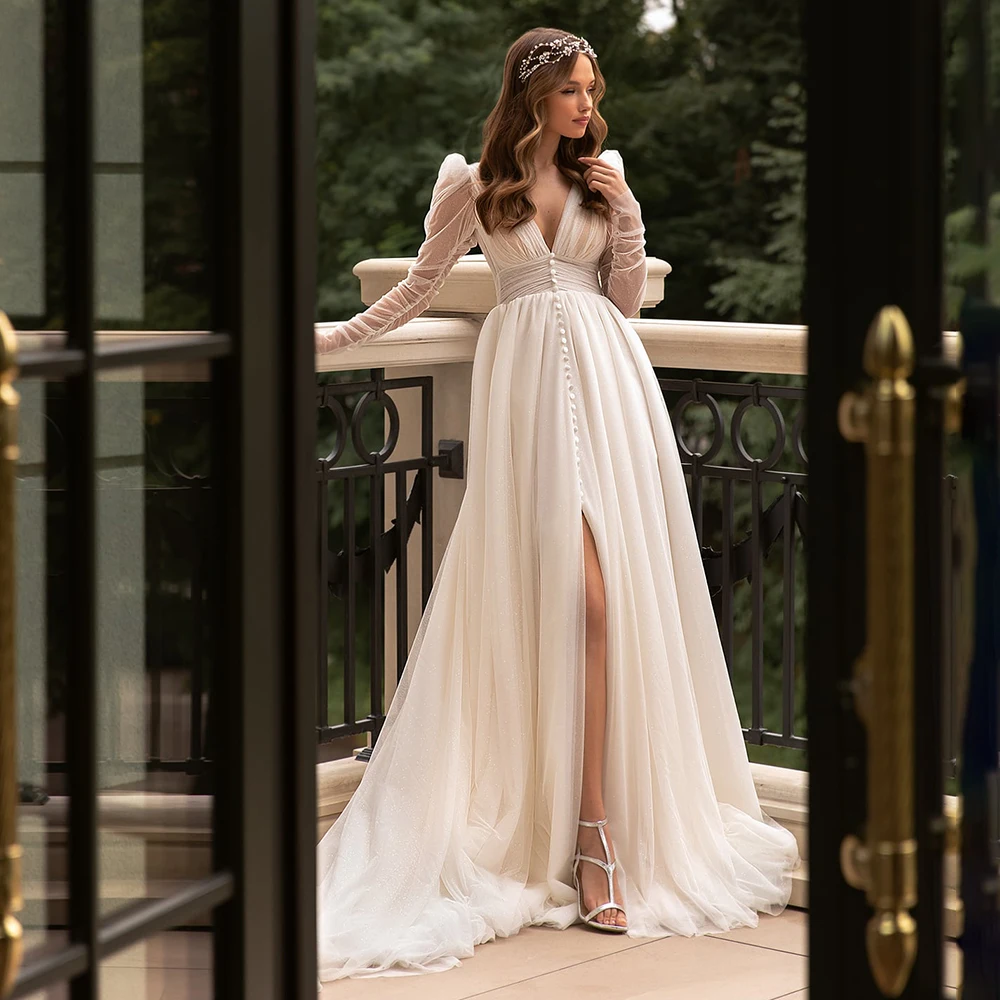 

Shimmer Tulle Long Bishop Sleeves Bridal Gown Custom Made V Neck Ruched Chiffon A Line High Split Buttons Backless Wedding Dress