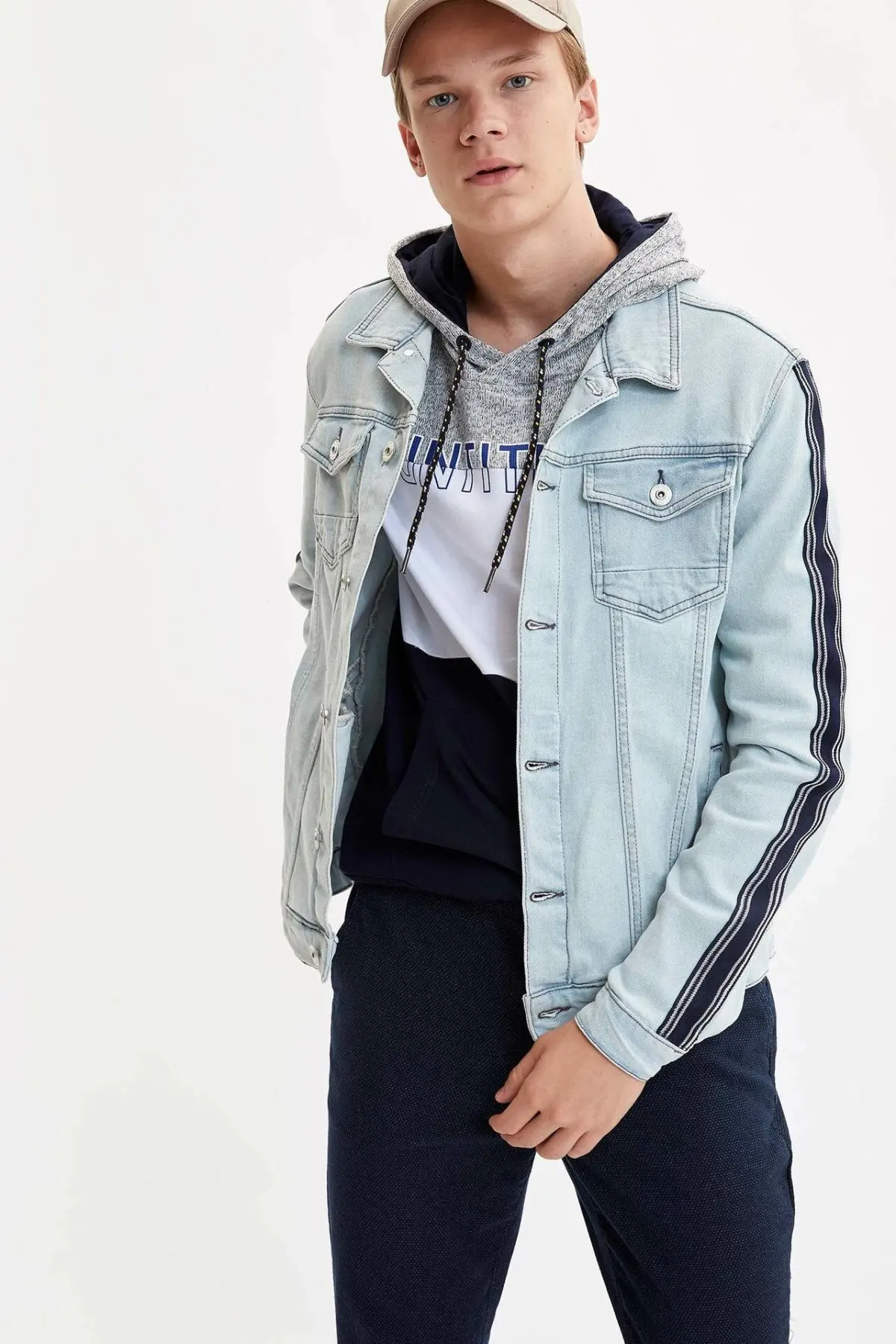 Дефакто мужская синяя джинсовая куртка с отворотом Джокер Повседневная Уличная