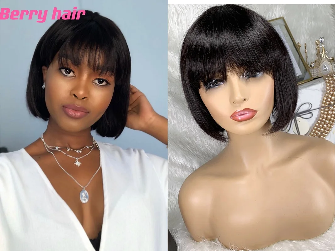 

Straight Bob Wig with Bangs Brazilian Human Hair Wigs for Black Women 100% Remy Hair Full Machine Wig Short Lace Closure Wig
