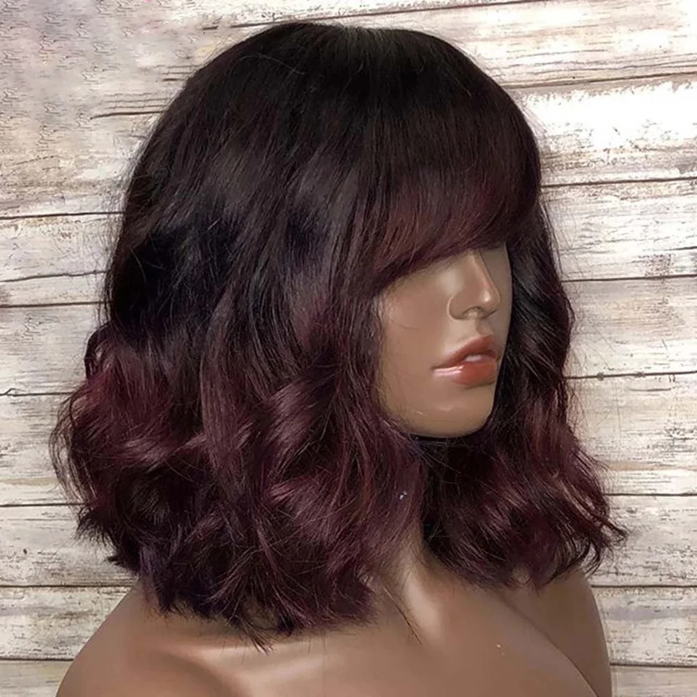 

Burgundy 99J Short Bob Wigs With Bangs Remy Hair For Black Women 180% Density Full Machine Made Wigs Human Hair Wigs Pre Plucked