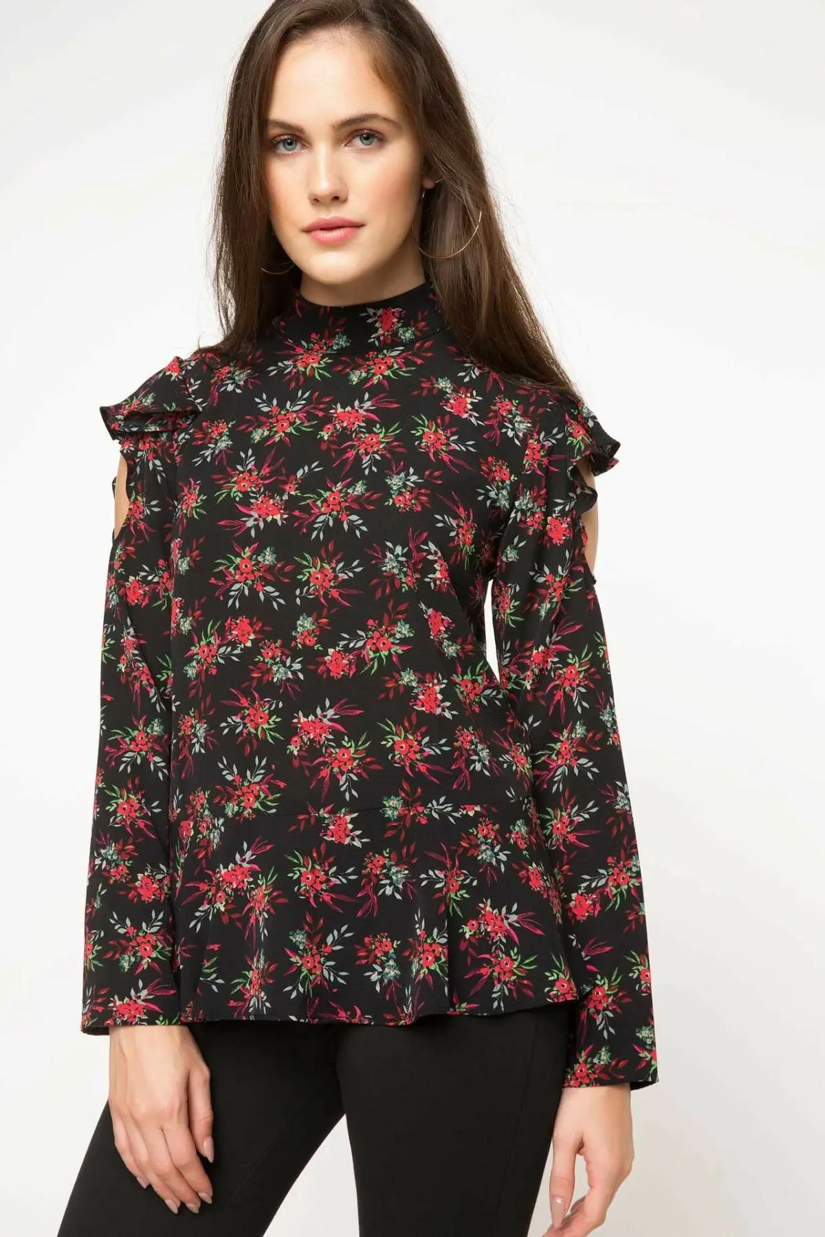 Женская рубашка с длинным рукавом DeFacto свободная цветочным принтом Длинная