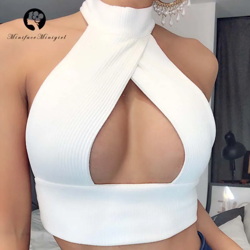 

Women's Sexy Backless Female Clubwear Halter Camis Summer Chic Ribbed Knit Hollow Crop Tank Top Sleeveless Activity Camisole