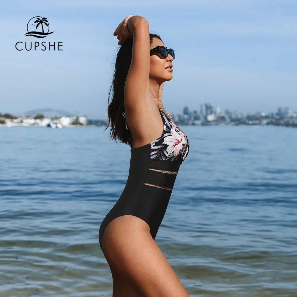 CUPSHE черный цветочный лоскутный Цельный купальник с v-образным вырезом для женщин