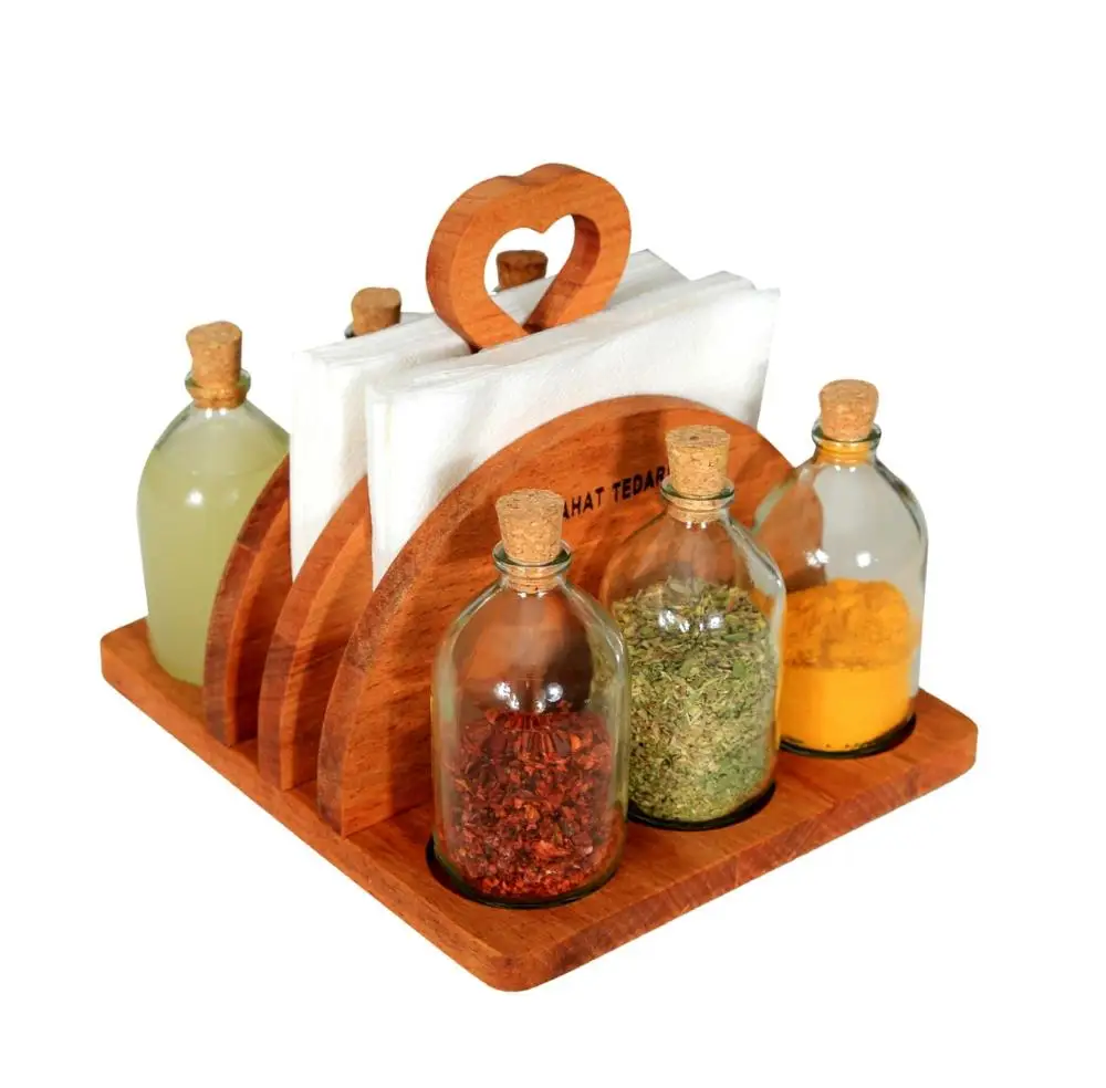 

Wooden Bamboo Napkin Holder Oil-Vinegar Spice Rack Set