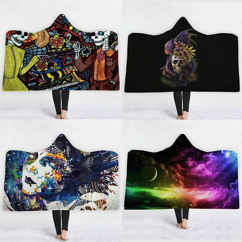 Аниме череп с цветочным принтом плюша на меху капюшоном и застежкой Одеяло для