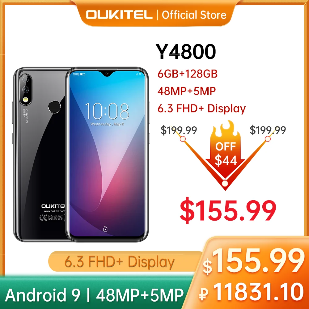 

OUKITEL Y4800 4G Smartphone 6G 128G 6.3” FHD+ 4000mAh Android9.0 Octa Core Mobile Phone Helio P60 48MP 16MP Camera Smart Phone