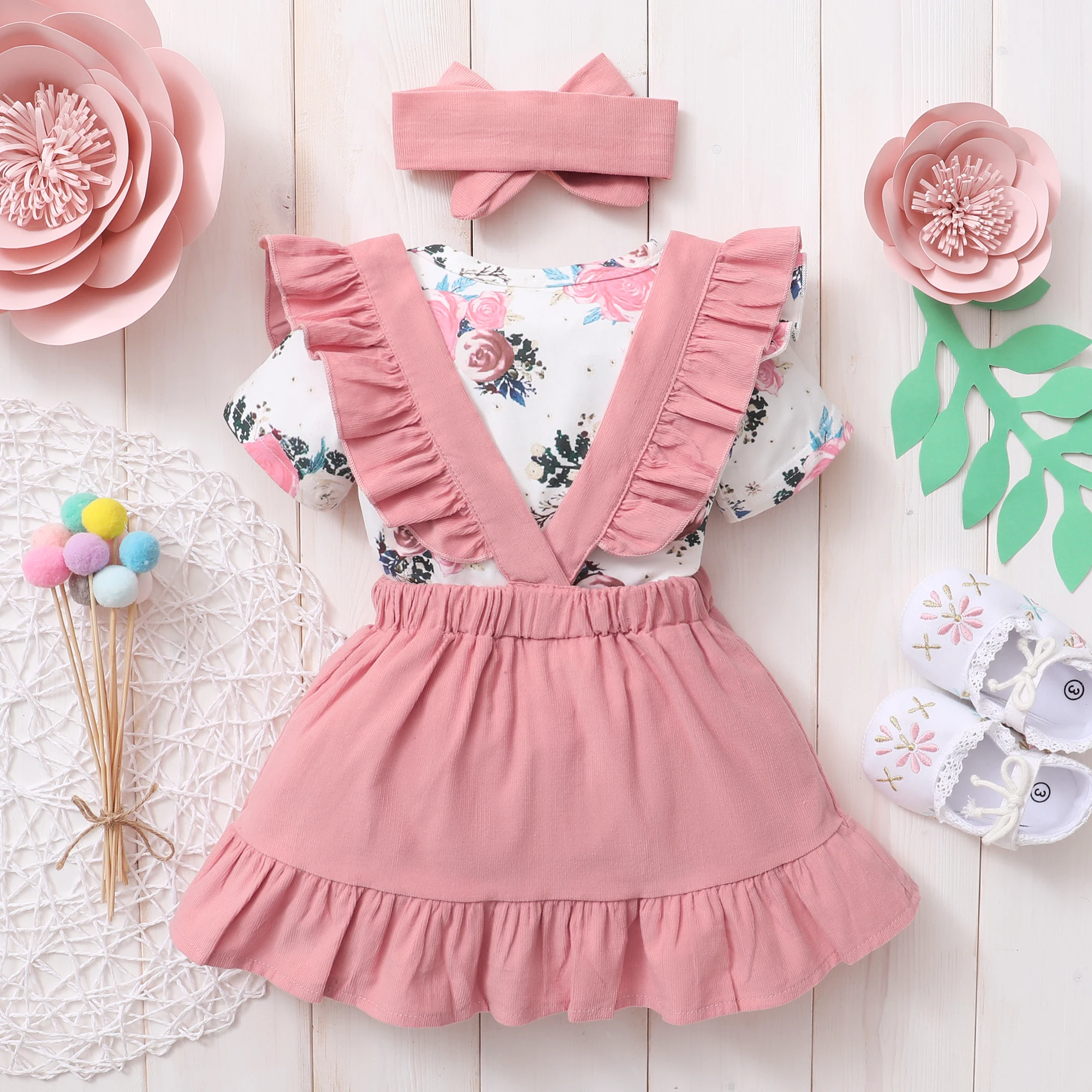 

Baby Girl Clothes Set Newborn Baby Short Sleeve Romper Pink Floral Suspender Skirt Free Shipping Toddler Girls Summer Outfits