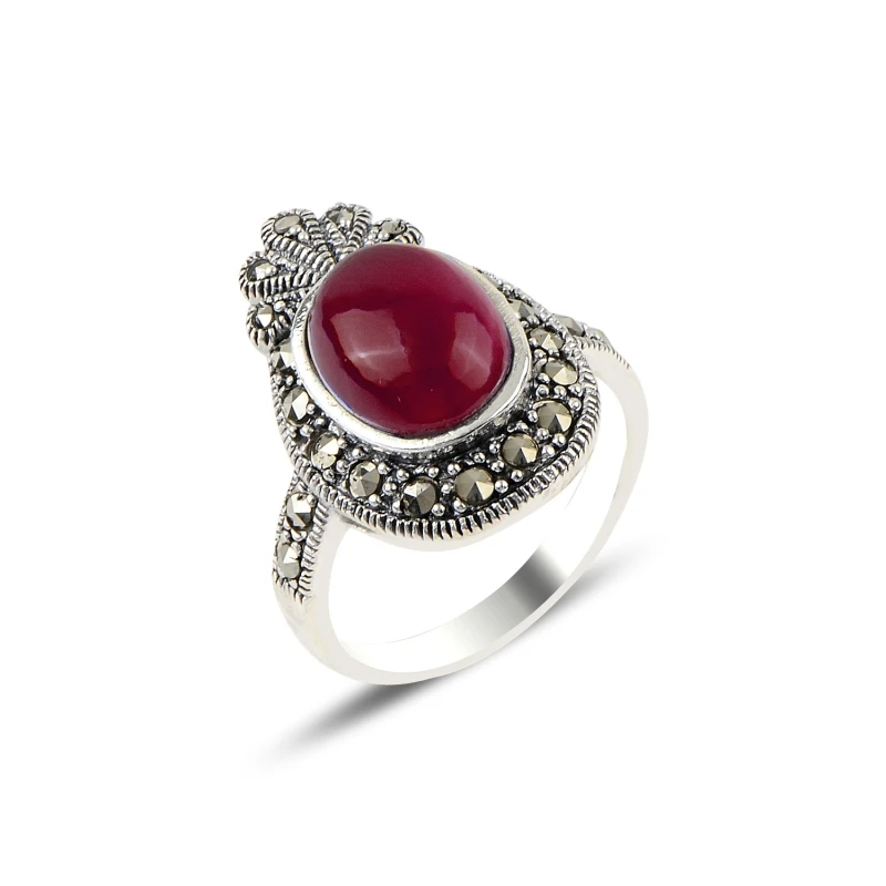 

Silver 925 Sterling Red Agate & Marcasite Ring