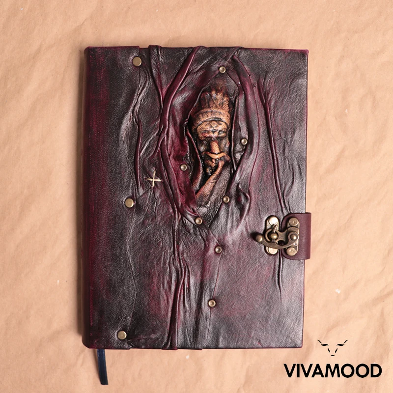 Vintage Leather Journal & Notebook Wooden Sculpture Embossed Notepad - Leather Diary With Lock - Poetry Leather Book - Travel Jo