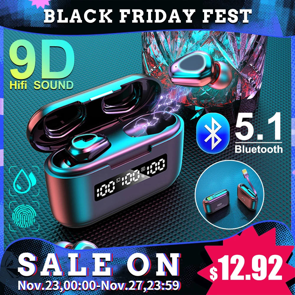 

TWS Bluetooth-compatible 5.0 Wireless Earphone Touch Control Waterproof Stereo Sport Gaming Headset LED Display With Mic PK F9