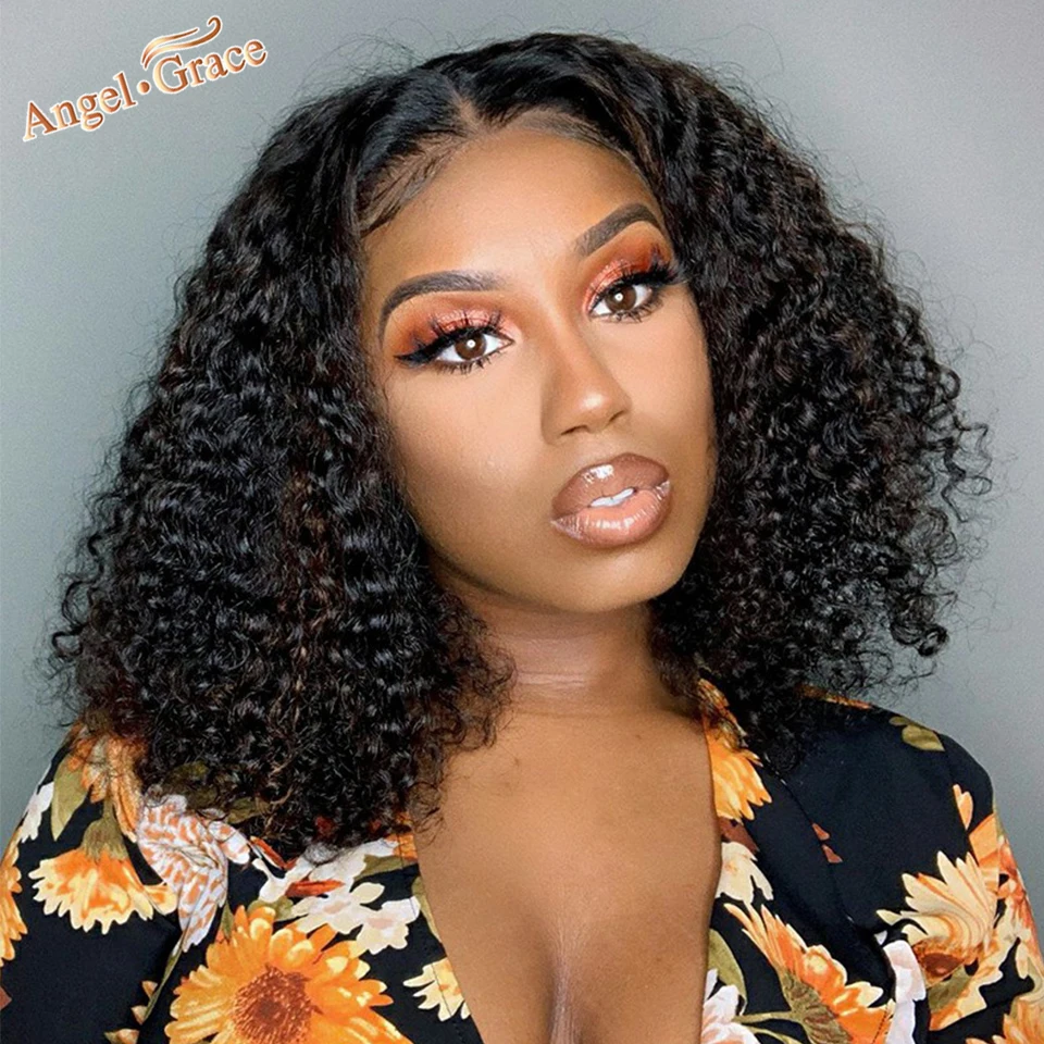 

Angel Grace Kinky Curly Bob 4X4 Lace Closure Wigs Brazilian Curly Lace Front Human Hair Bob Wigs Natural Pre Plucked Wigs Remy