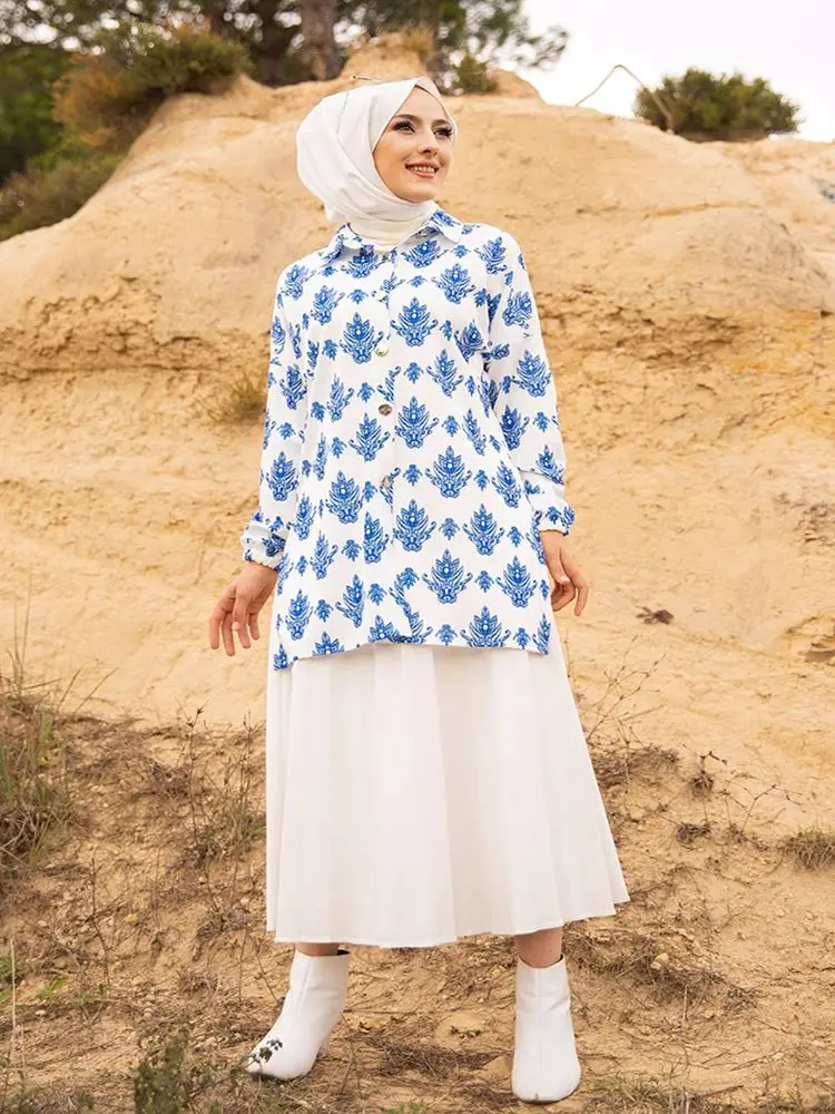 

Pointed Collar Long Sleeve Tunic Summer Pattern Thin-Button Modest Islamic Clothing Hijab for Muslim Women's Tunic Fashion 2021