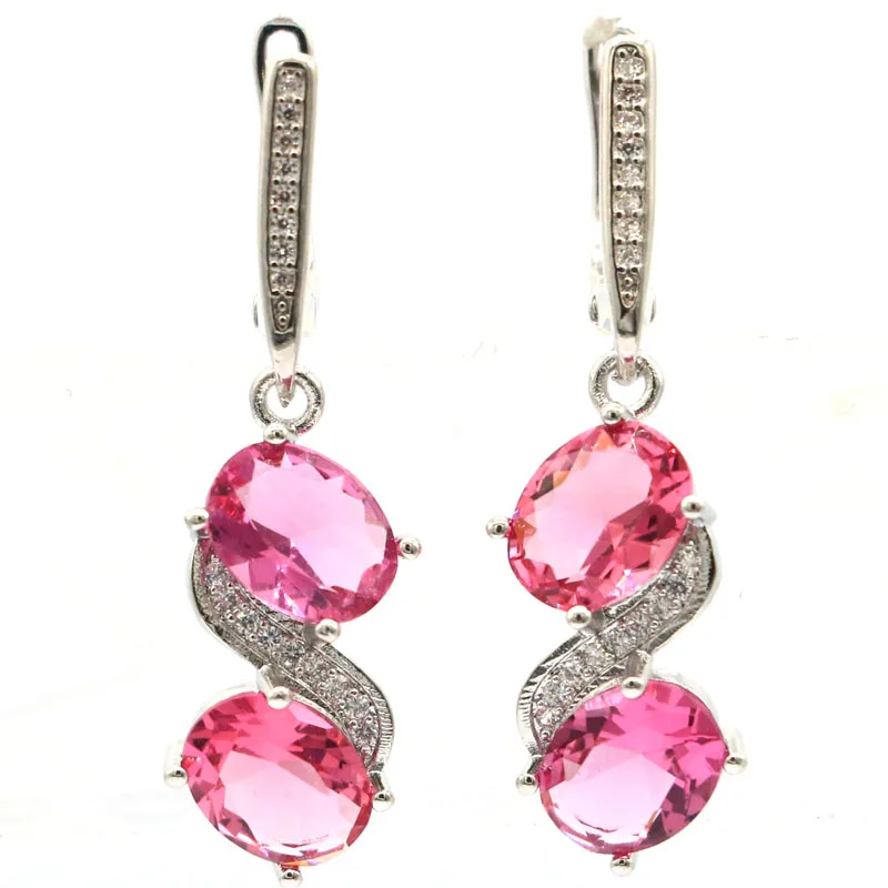 

35x10mm Jewelry Set Created Pink Tourmaline White Zircon Gift For Women Daily Wear Silver Pendant Earrings Drop Shipping