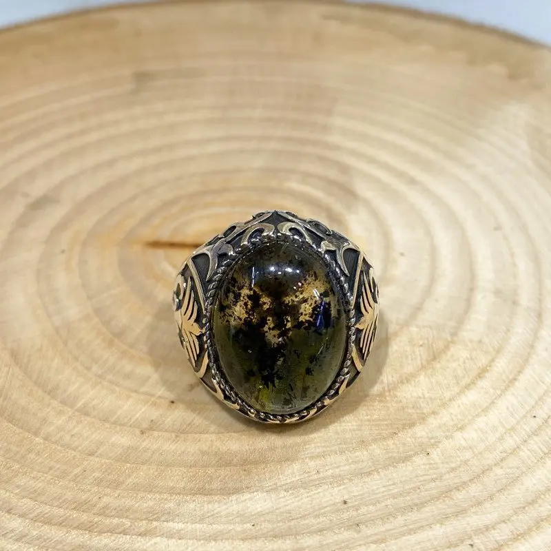 Оригинальное серебряное мужское кольцо ручной работы из янтаря|Кольца| |