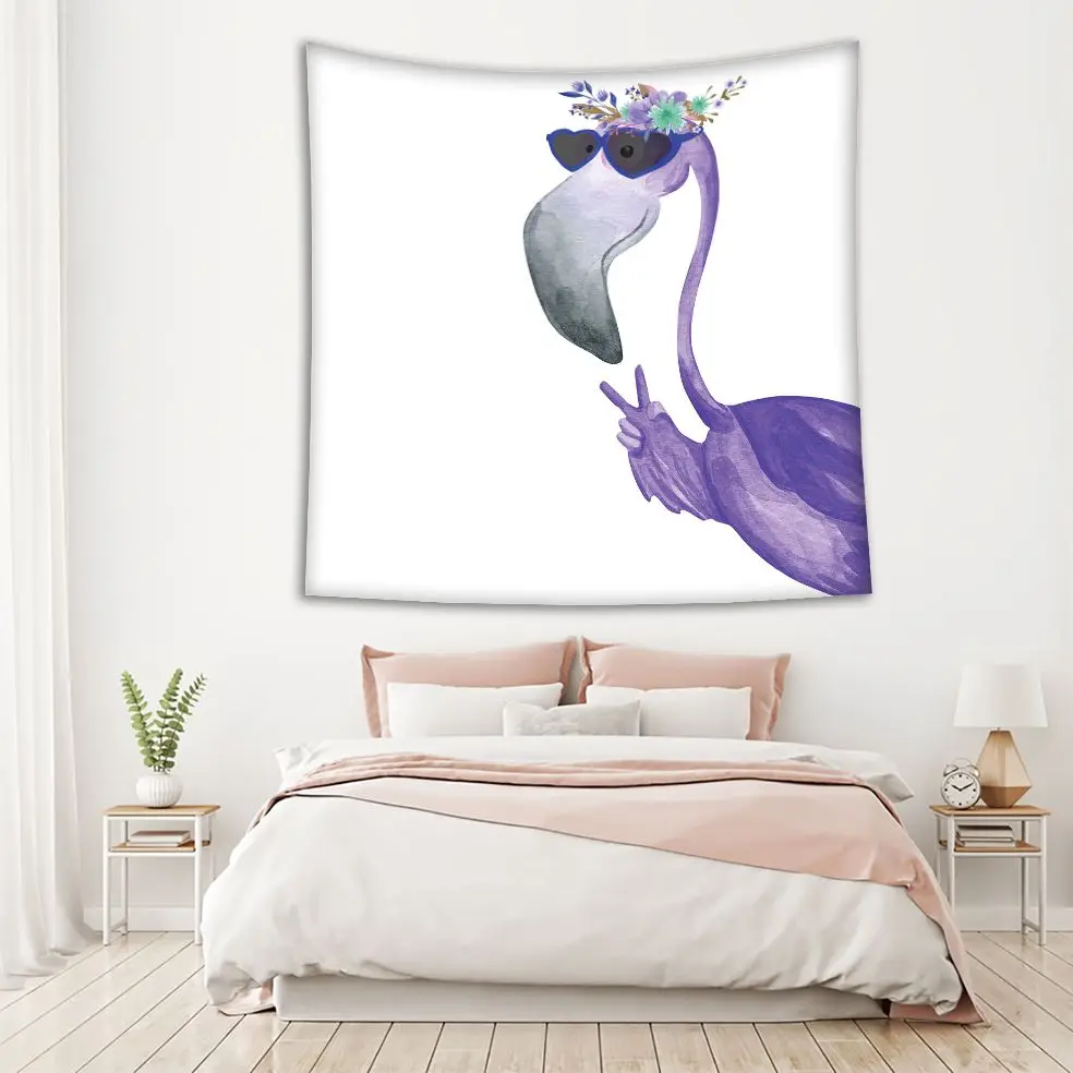 Гобелен Фламинго в солнцезащитных очках и цветочный венок Hello Лето Экзотические