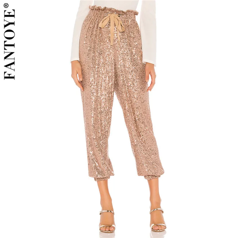 Женские блестящие широкие брюки FANTOYE повседневные шаровары с высокой талией со