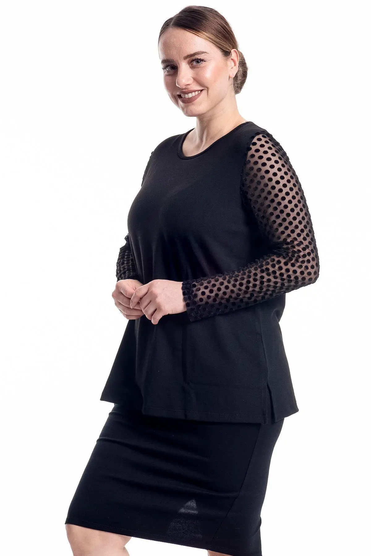 Блузка большого размера Hanezza в горошек с рукавами и рюшами