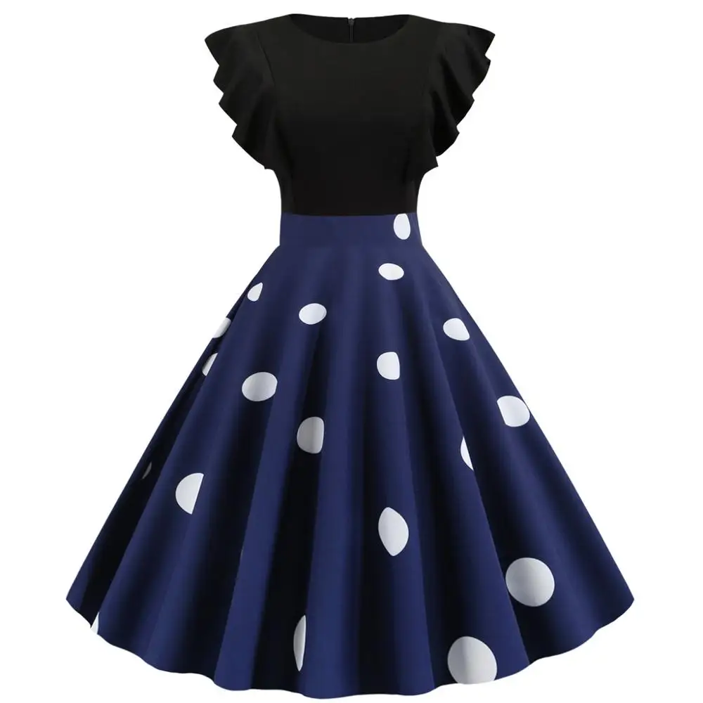 

Vintage Polka Dot Print Ruffle Sleeve Ball Gown Dress Women O Neck Zipper Draped Hepburn Party Dress Vestidos De Fiesta Noche