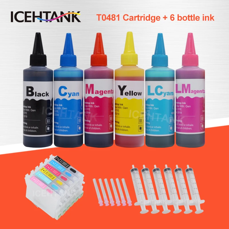 Набор чернильных картриджей ICEHTANK T0481 T0486 + 6 × 100 мл чернил для Epson Stylus Photo R200 R220 R300 R300M